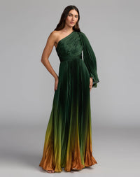 Mac Duggal #49903 green ombre pleated charmeuse one shoulder gown
