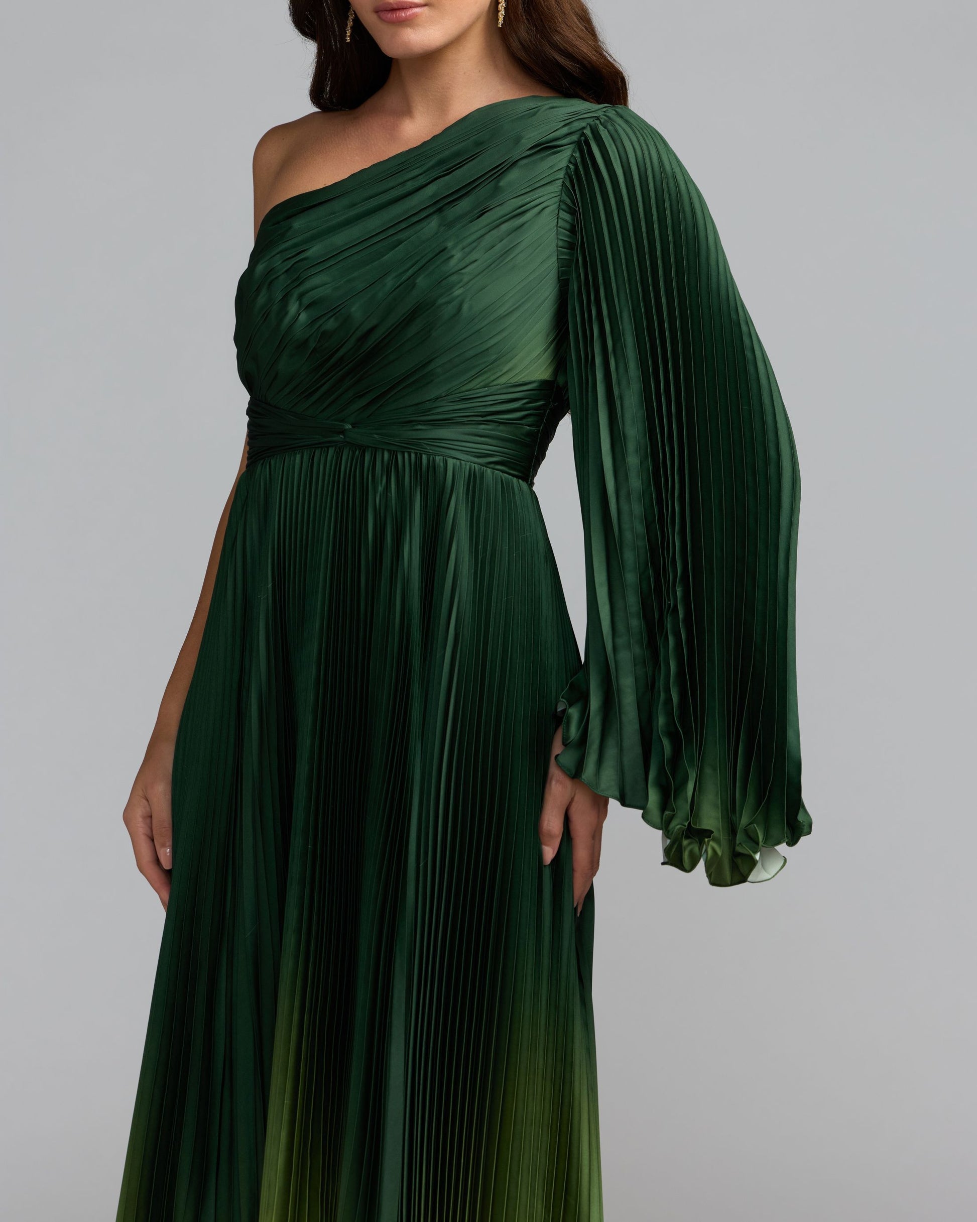 Mac Duggal #49903 green ombre gown pleated charmeuse close-up