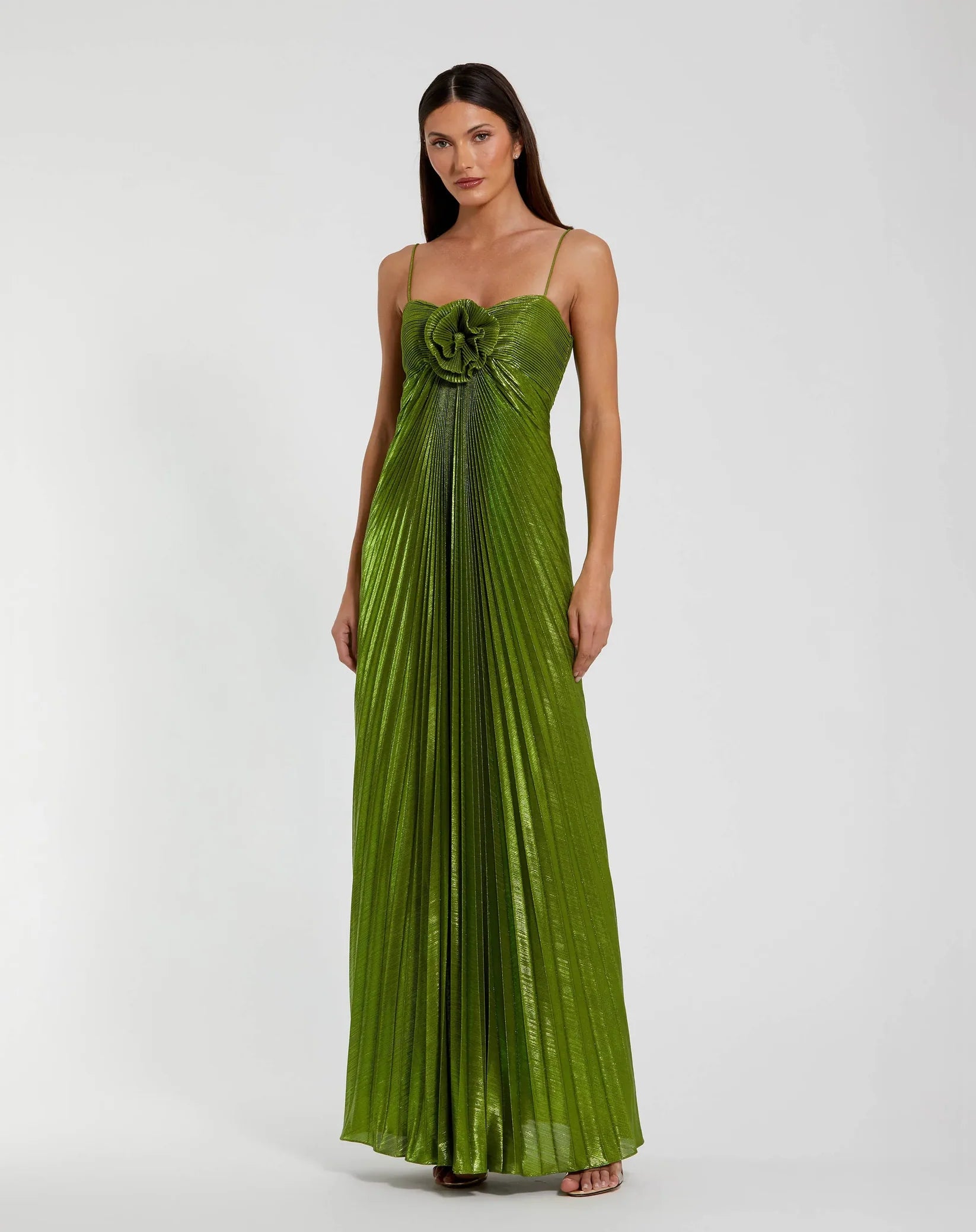 Mac Duggal Thin Strap Pleated Metallic Gown With 3D Flower #49905 Apple Green