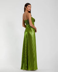 Mac Duggal Thin Strap Pleated Metallic Gown With 3D Flower #49905 Apple Green