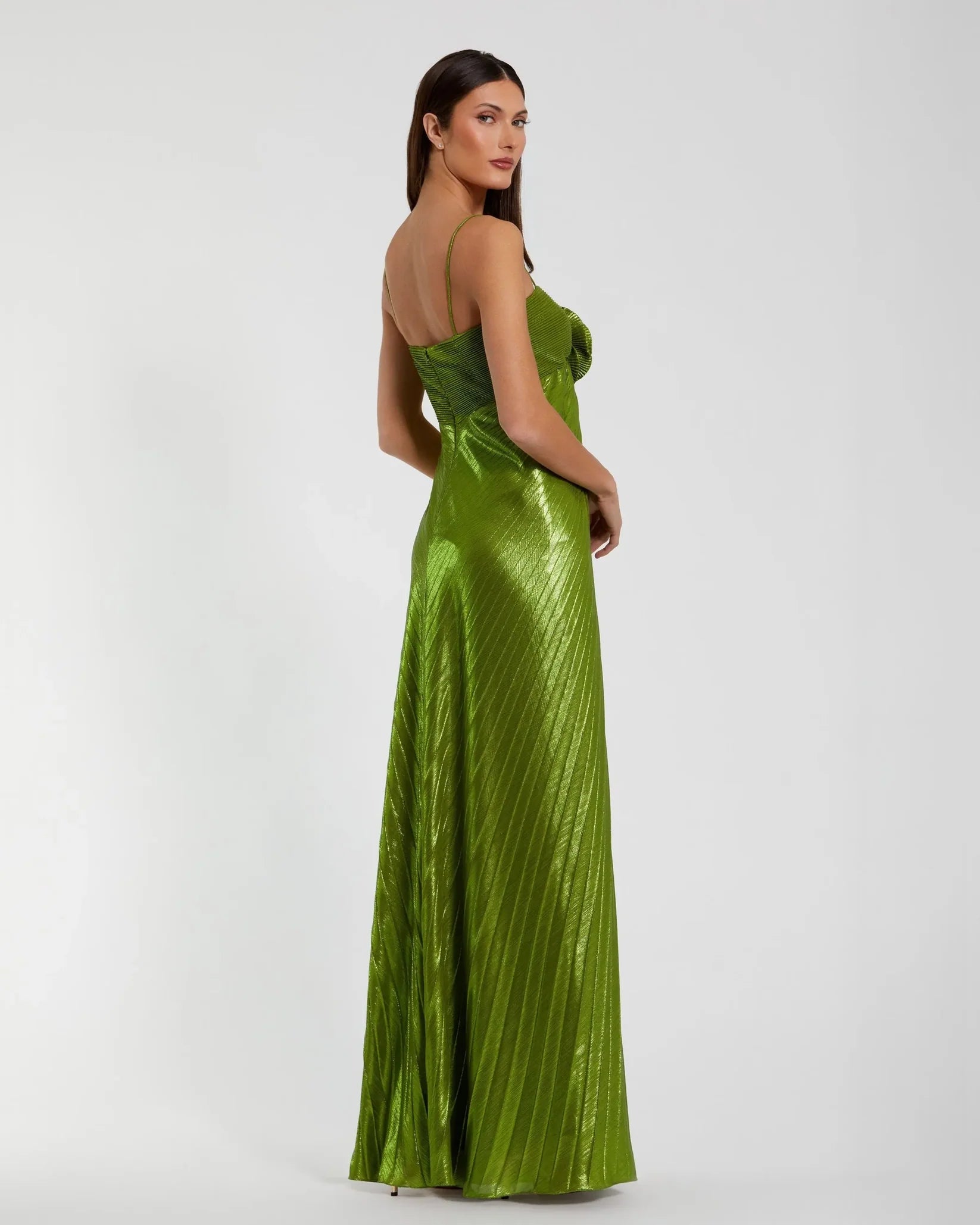 Mac Duggal Thin Strap Pleated Metallic Gown With 3D Flower #49905 Apple Green