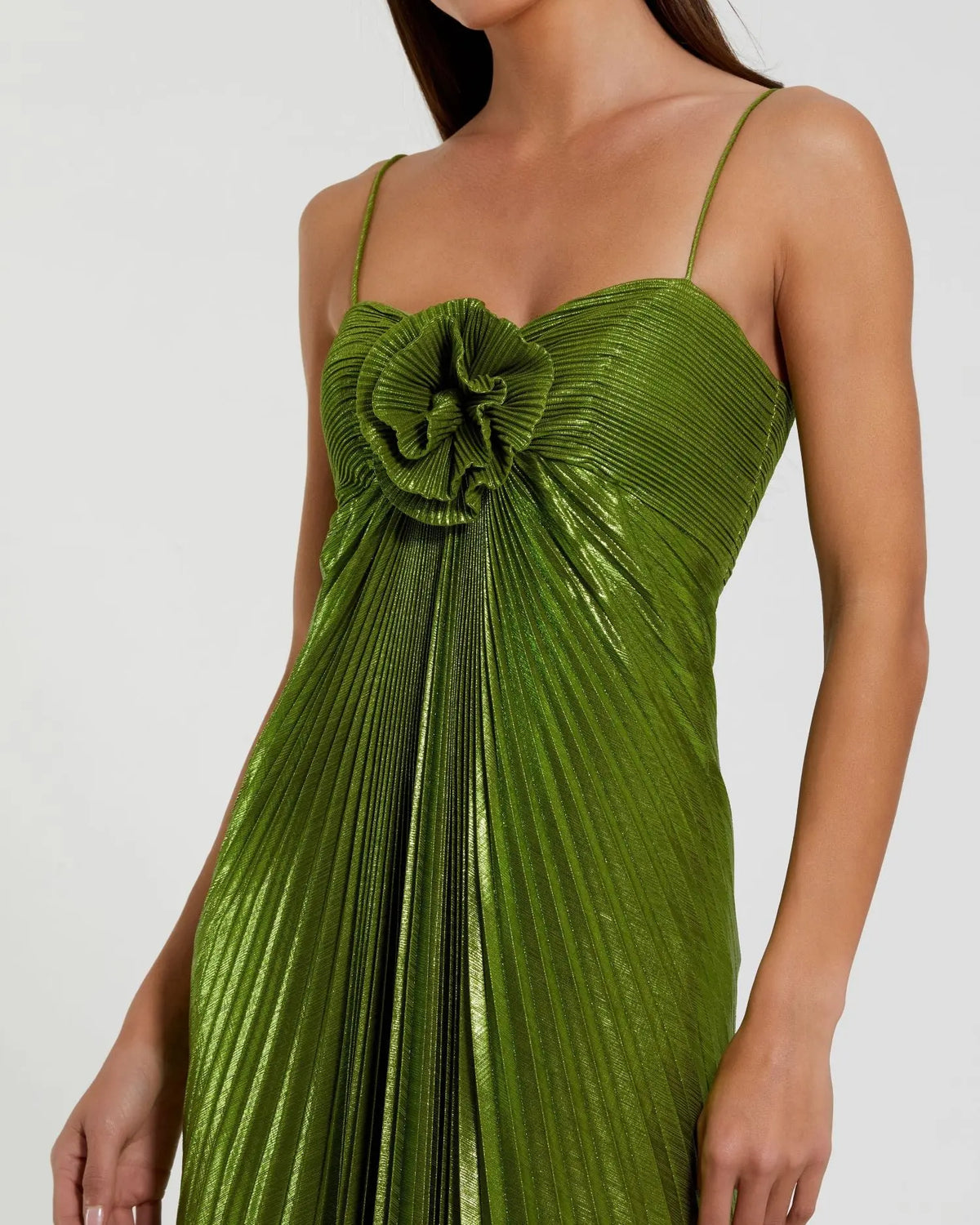 Mac Duggal Thin Strap Pleated Metallic Gown With 3D Flower #49905 Apple Green