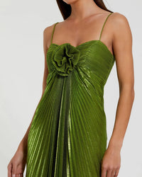 Mac Duggal Thin Strap Pleated Metallic Gown With 3D Flower #49905 Apple Green