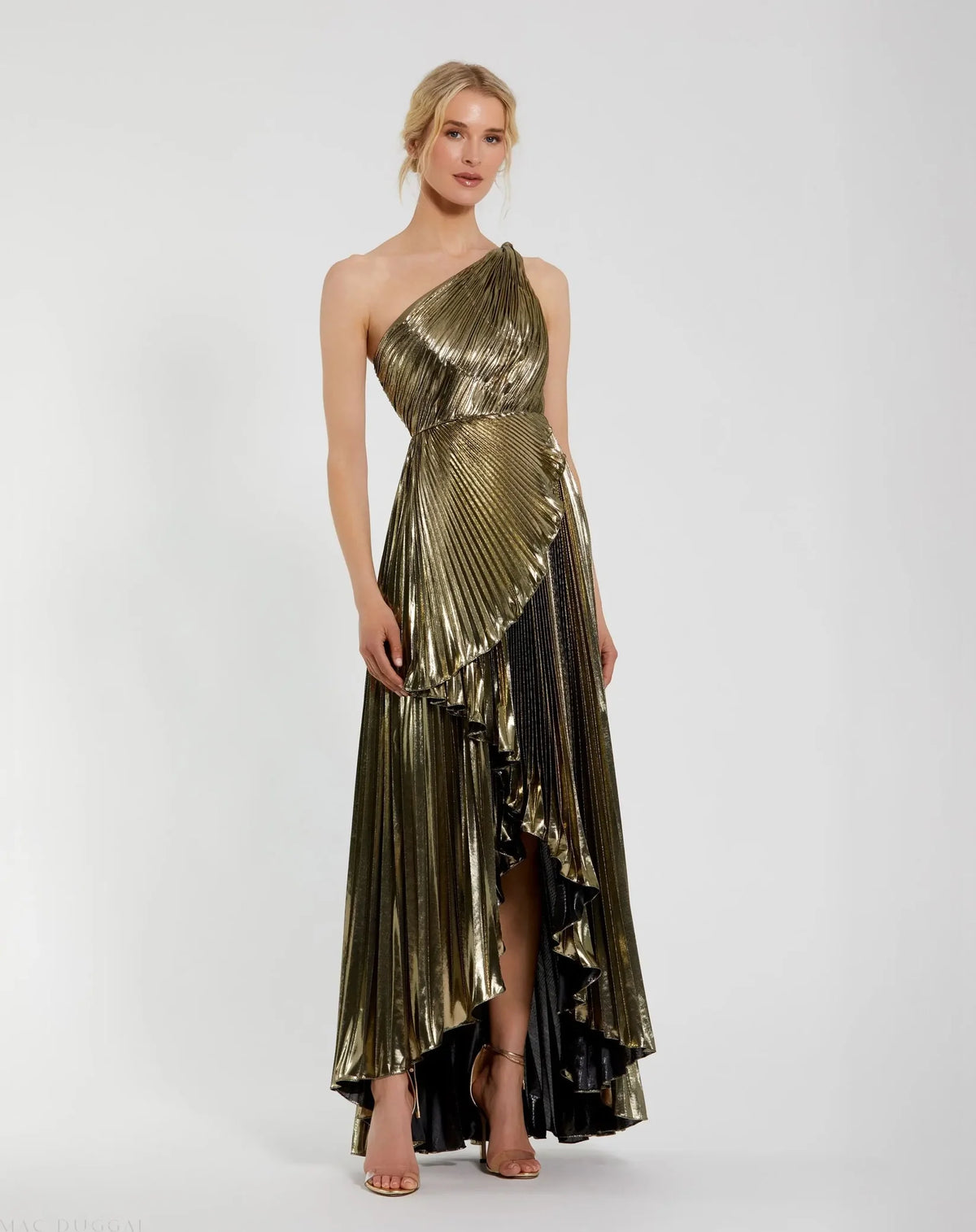 Mac Duggal Gold Pleated Metallic One Shoulder High Low Gown #49910 