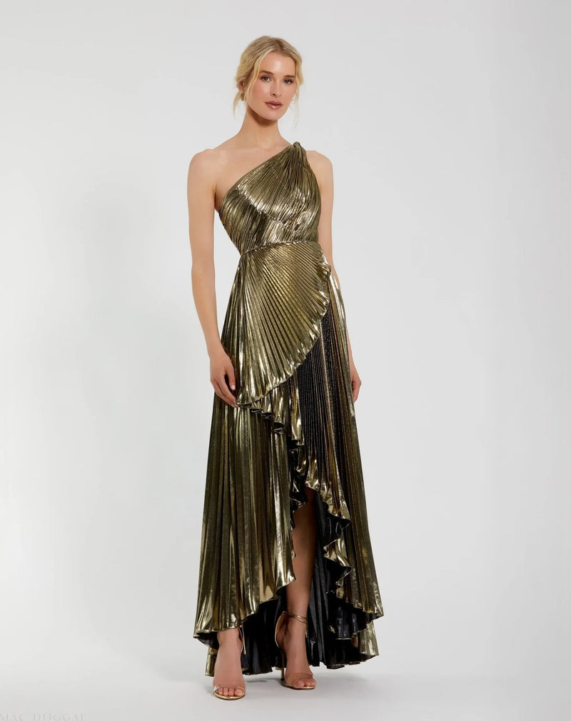 Mac Duggal Gold Pleated Metallic One Shoulder High Low Gown #49910 