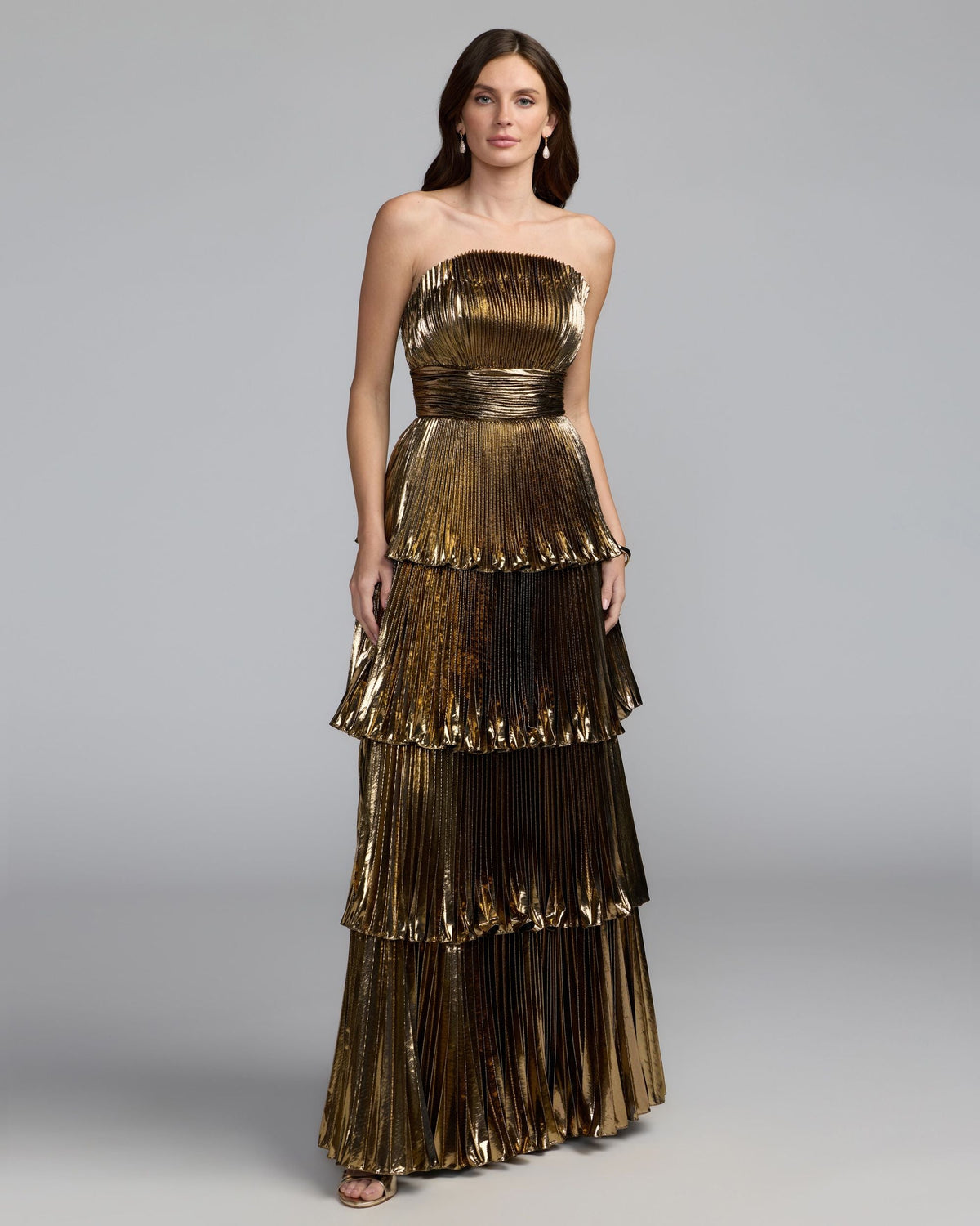 Mac Duggal #49911 antique gold strapless pleated metallic layered ruffle gown