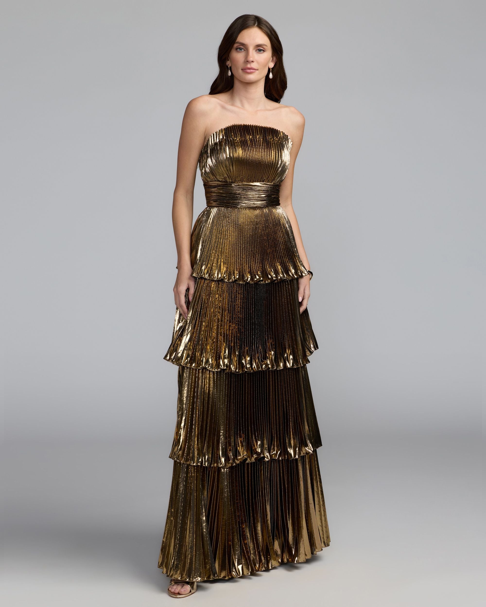 Mac Duggal #49911 antique gold strapless pleated metallic layered ruffle gown