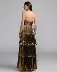 Mac Duggal #49911 antique gold strapless pleated metallic layered ruffle gown