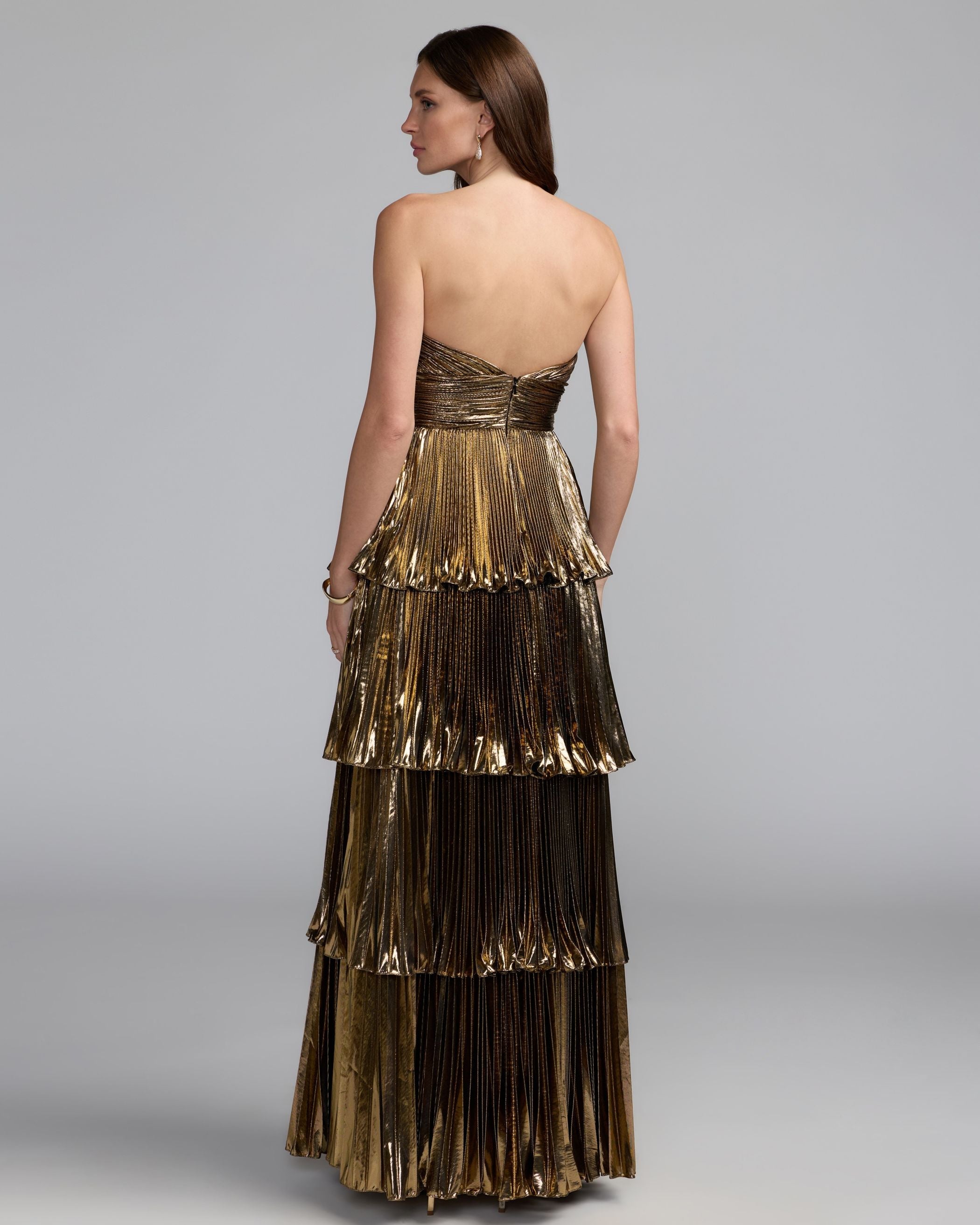 Mac Duggal #49911 antique gold strapless pleated metallic layered ruffle gown