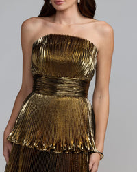 Mac Duggal #49911 antique gold strapless pleated metallic layered ruffle gown