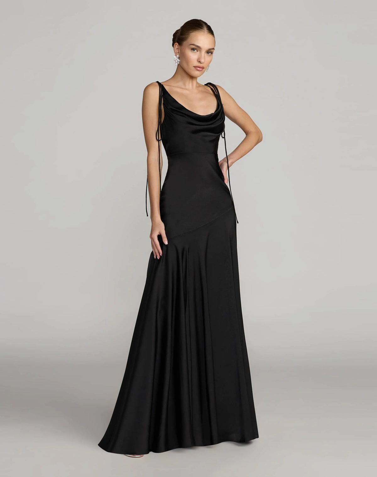 Mac Duggal Black Charmeuse Cowl Neck Gown with Bow Straps #49914 