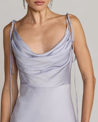 Purple Charmeuse Cowl Gown With Thin Bow Straps

