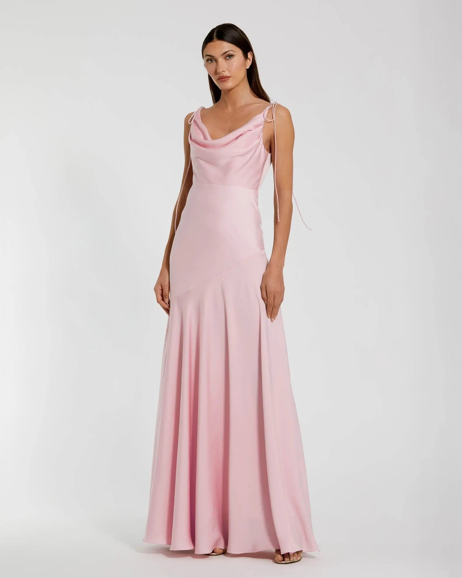 Mac Duggal Pink Charmeuse Cowl Neck Gown with Bow Straps #49914 Powder Pink