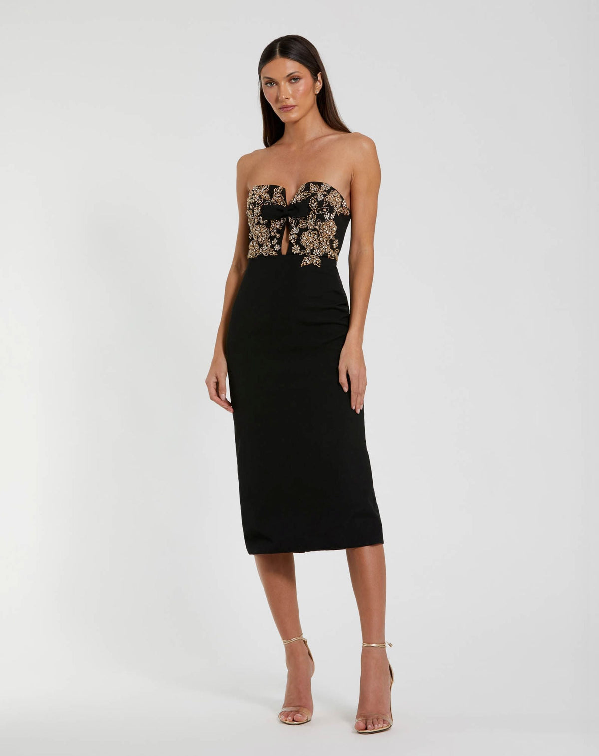 Mac Duggal #49928 black rhinestone embellished strapless midi dress