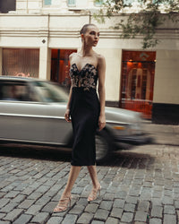 Mac Duggal #49928 black strapless midi dress lifestyle