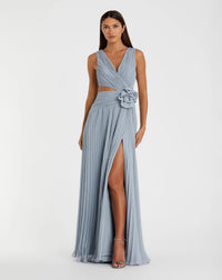 Mac Duggal #49938 slate blue ruched chiffon sleeveless gown with 3d flower