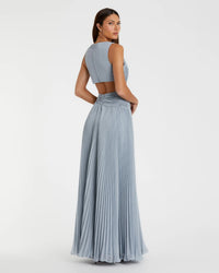 Mac Duggal #49938 slate blue ruched chiffon sleeveless gown with 3d flower