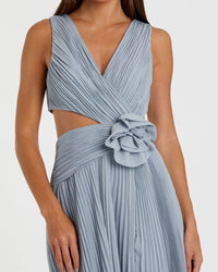 Mac Duggal #49938 slate blue ruched chiffon sleeveless gown with 3d flower