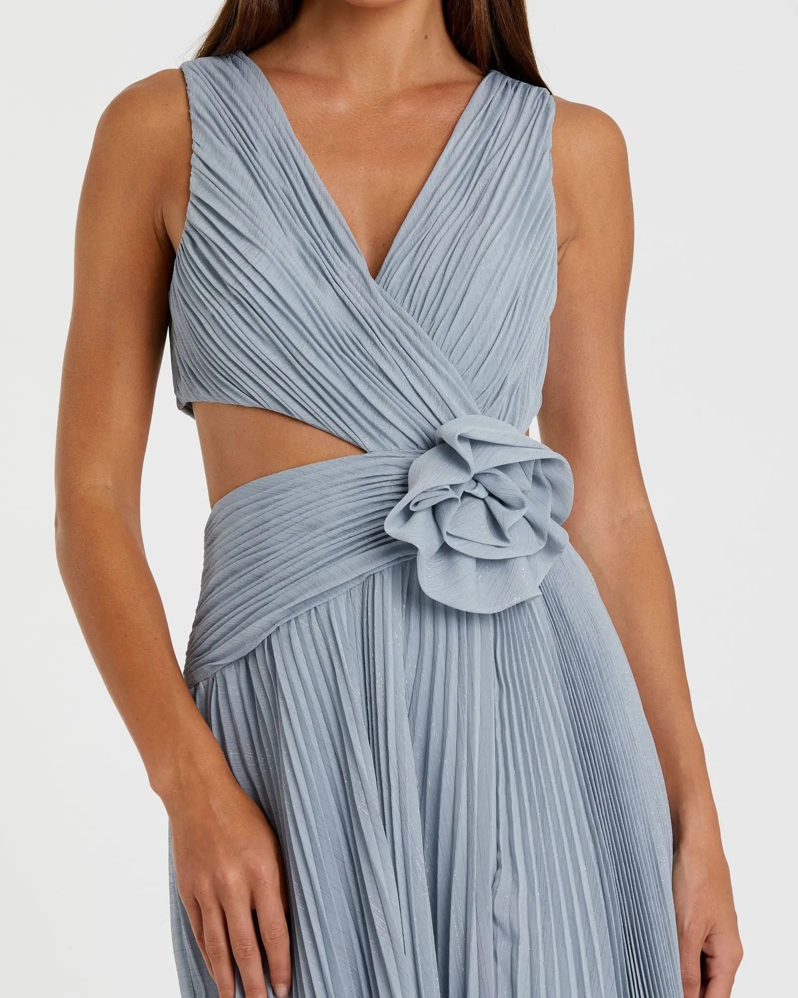 Mac Duggal #49938 slate blue ruched chiffon sleeveless gown with 3d flower