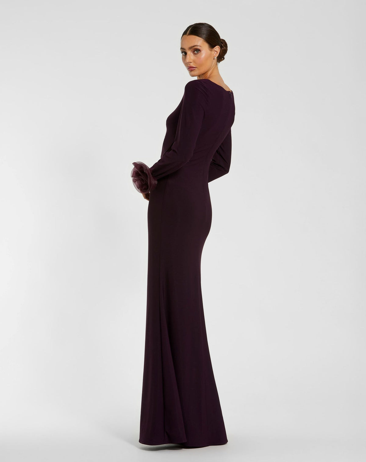 Long Sleeve Fitted Jersey Gown With Rose Detail - Black