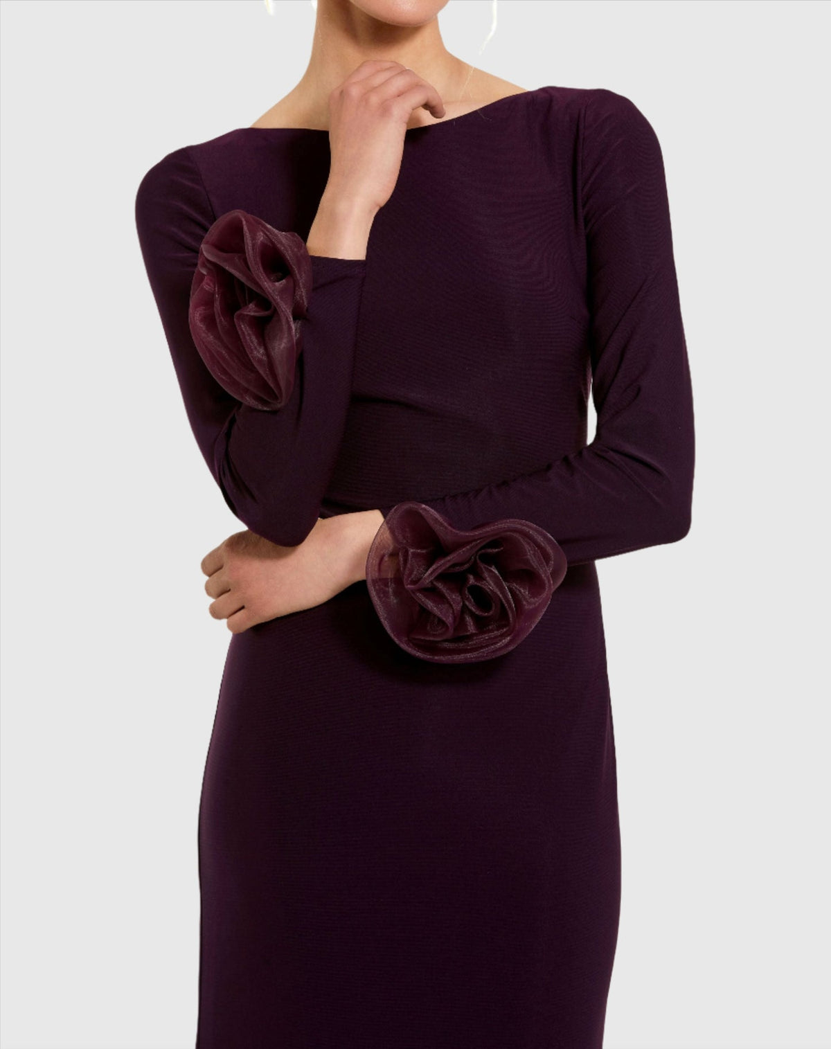 Long Sleeve Fitted Jersey Gown With Rose Detail - Black
