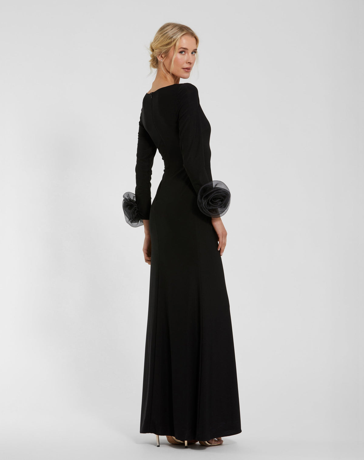 Long Sleeve Fitted Jersey Gown With Rose Detail - Black