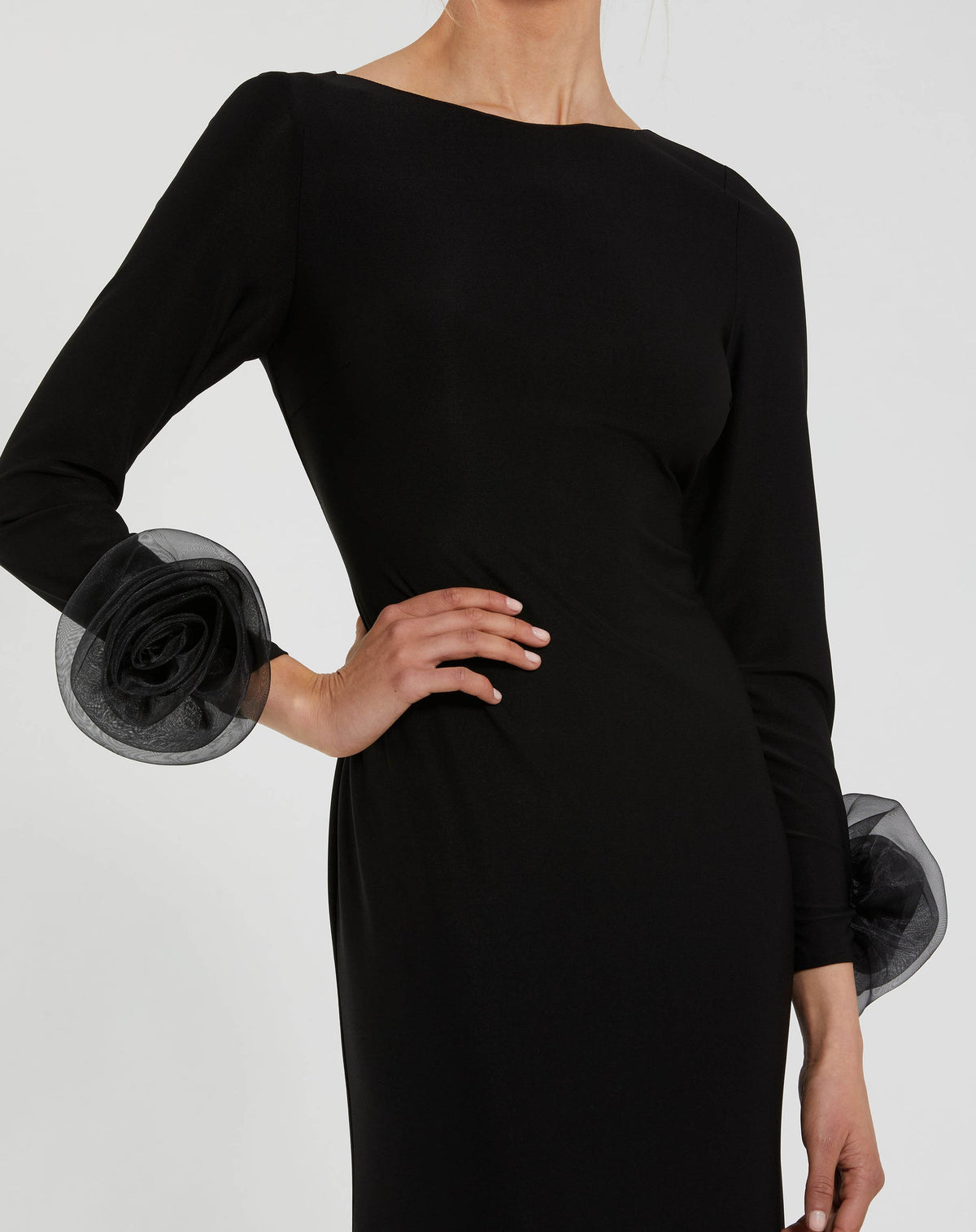 Long Sleeve Fitted Jersey Gown With Rose Detail - Black