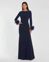 Mac Duggal #49949 Long Sleeve Fitted Jersey Gown With Rose Detail - Navy