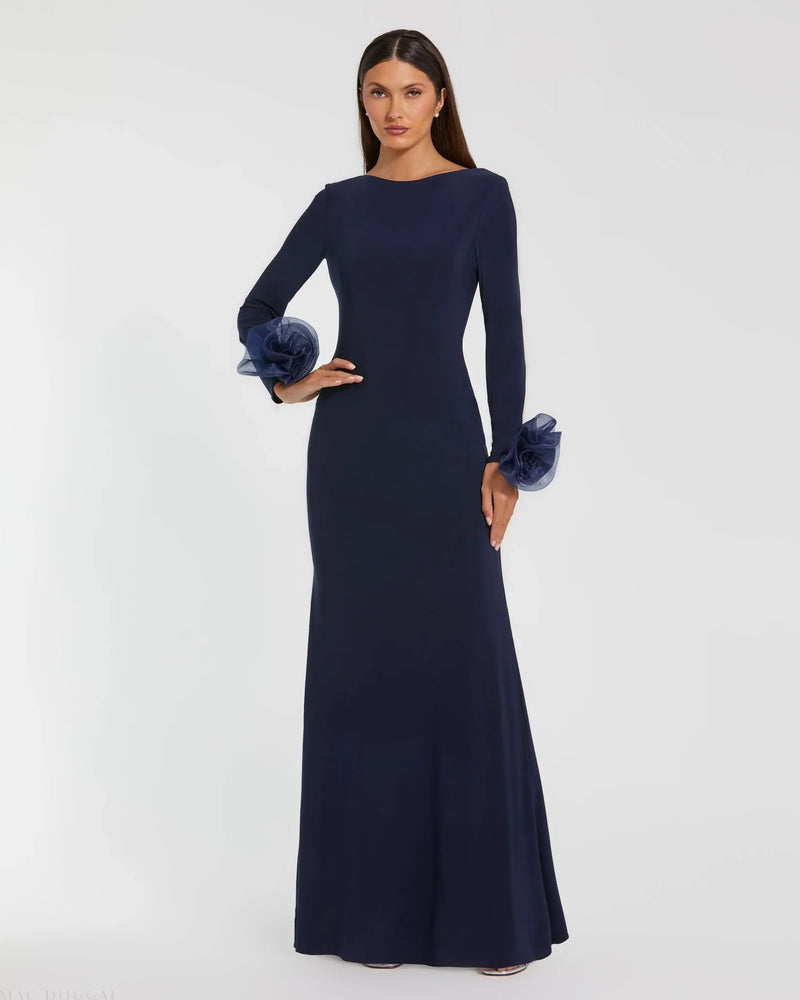Mac Duggal #49949 Long Sleeve Fitted Jersey Gown With Rose Detail - Navy