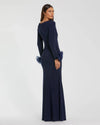 Mac Duggal #49949 Long Sleeve Fitted Jersey Gown With Rose Detail - Navy