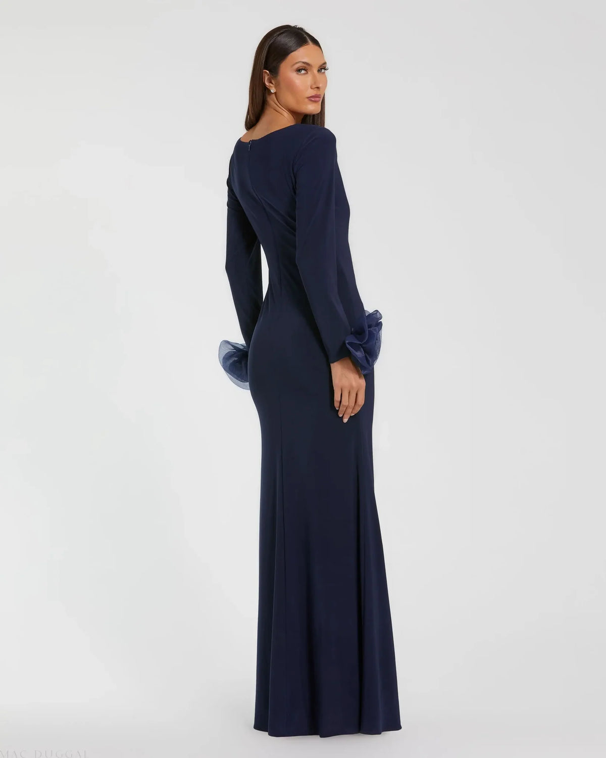 Mac Duggal #49949 Long Sleeve Fitted Jersey Gown With Rose Detail - Navy