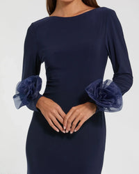 Mac Duggal #49949 Long Sleeve Fitted Jersey Gown With Rose Detail - Navy