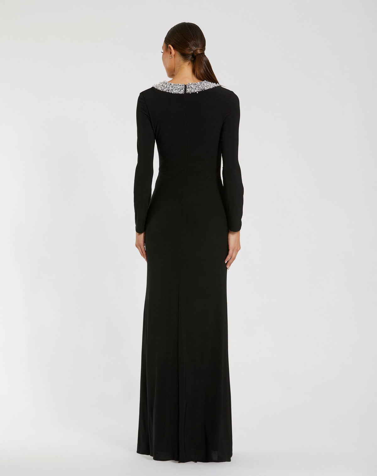 Jersey Long Sleeve Fitted Gown With Beaded Neck - Black