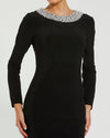 Jersey Long Sleeve Fitted Gown With Beaded Neck - Black
