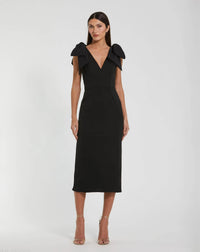 Mac Duggal #49954 black bow strap crepe fitted midi dress