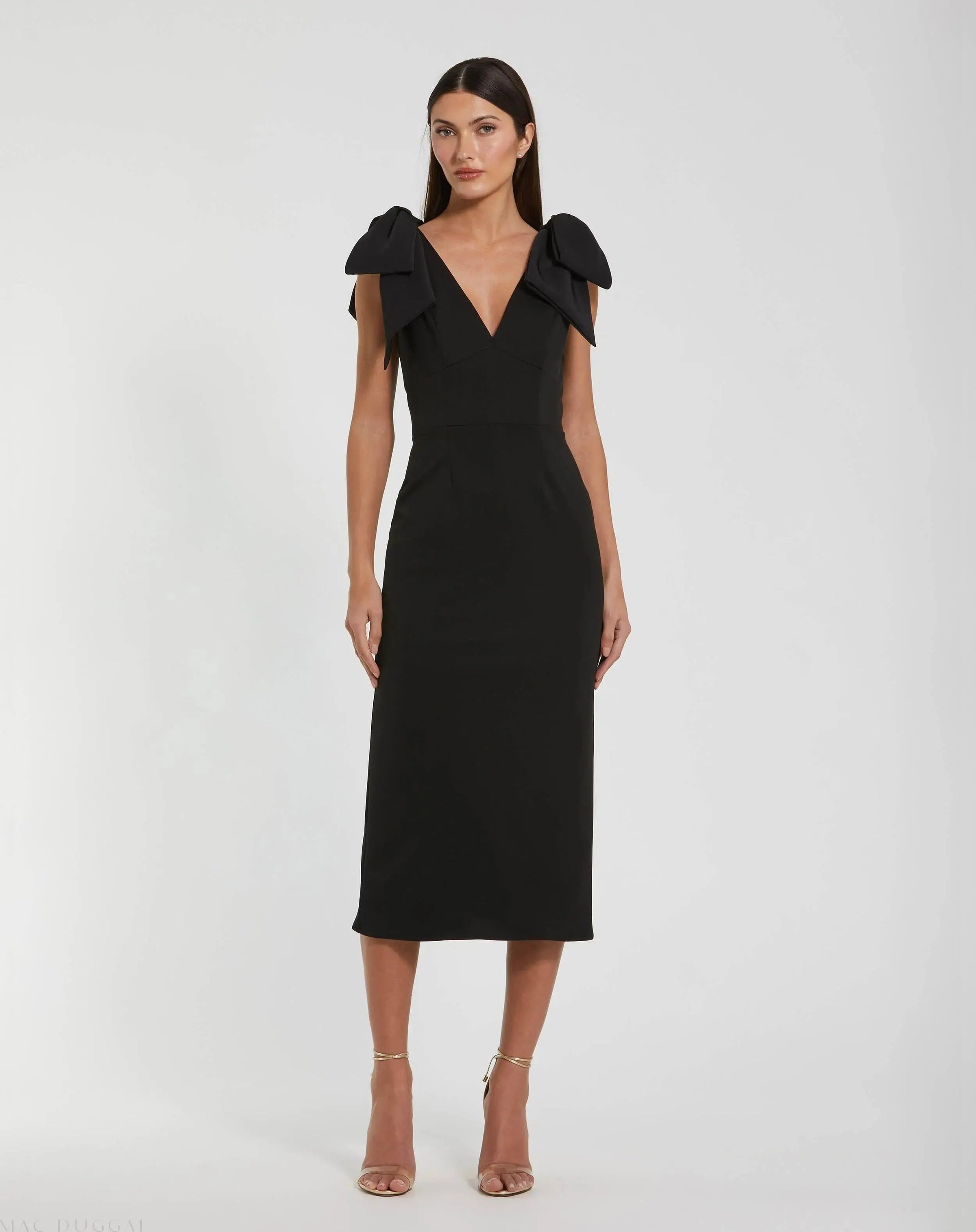 Mac Duggal #49954 black bow strap crepe fitted midi dress