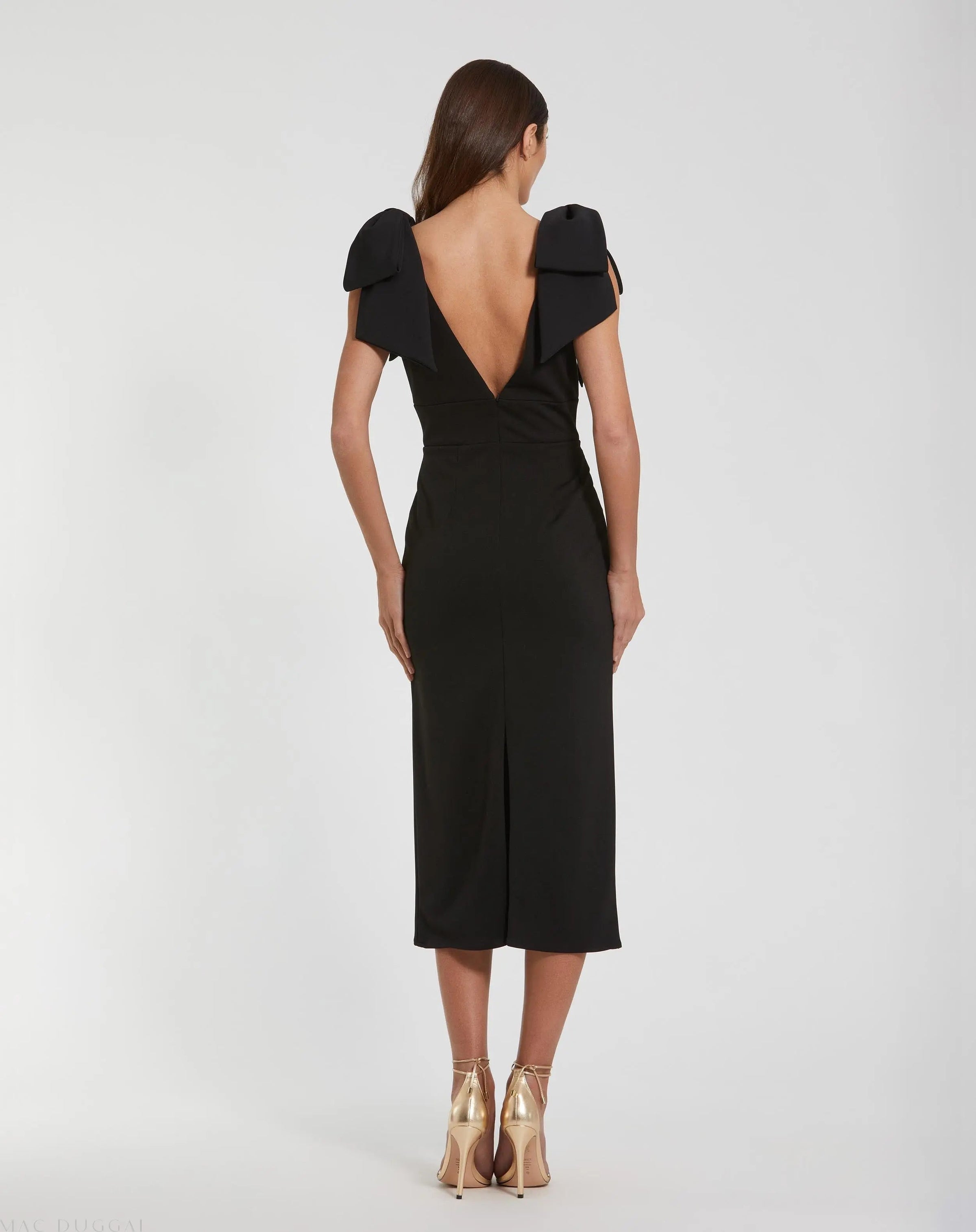 Mac Duggal #49954 black bow strap crepe fitted midi dress