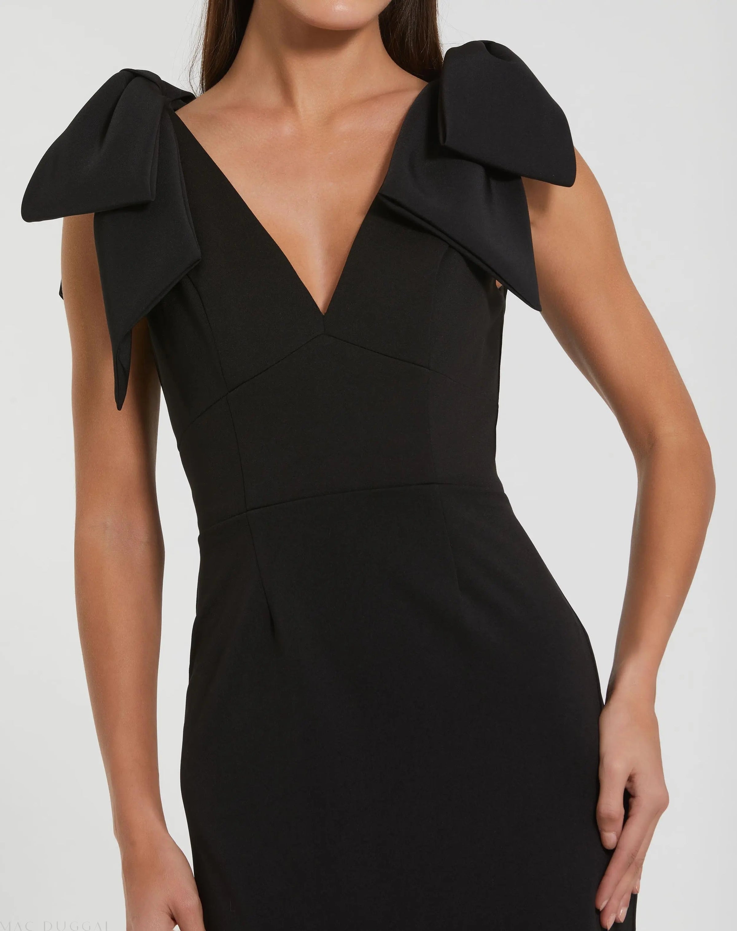 Mac Duggal #49954 black bow strap crepe fitted midi dress