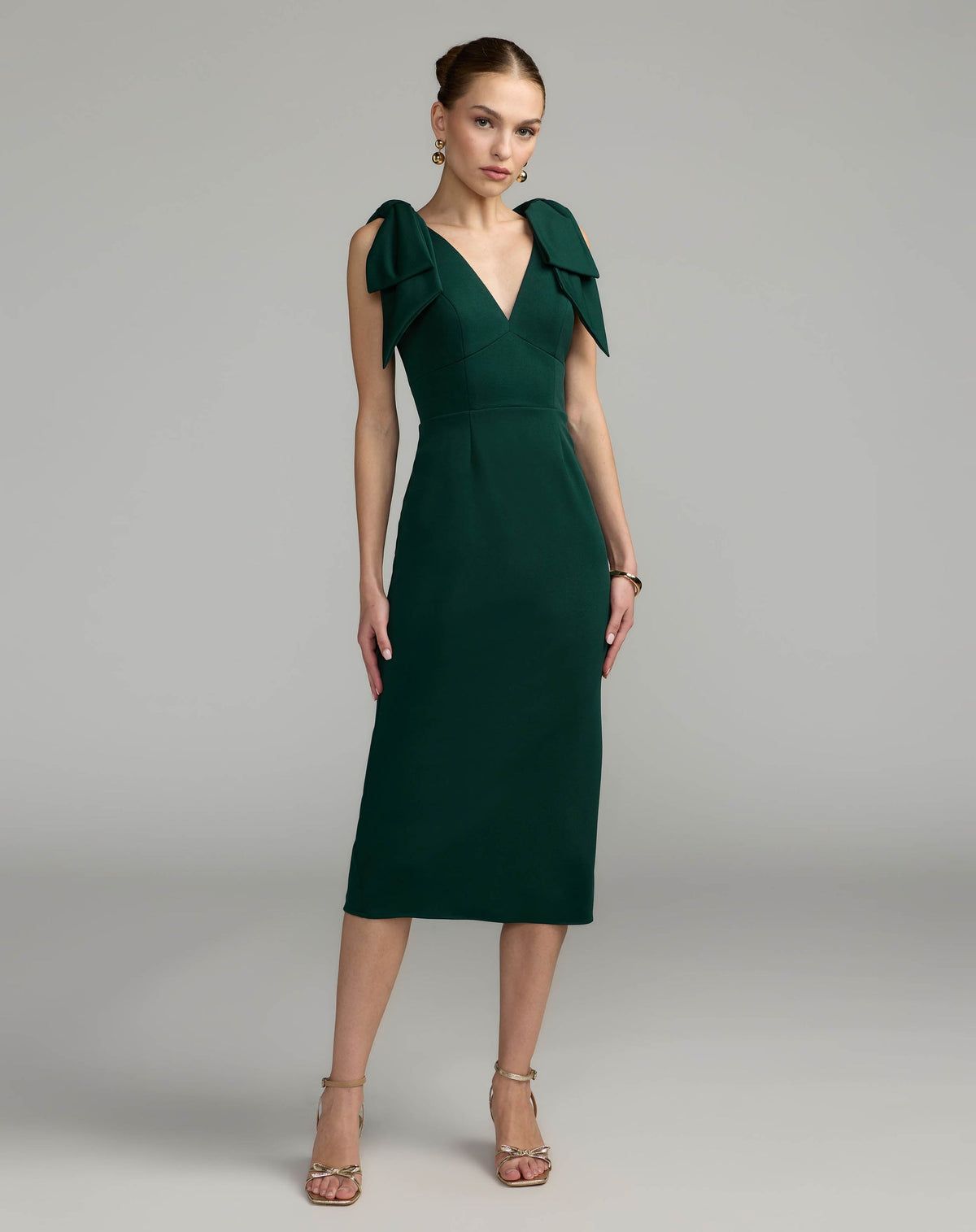 Mac Duggal #49954 emerald sleeveless crepe midi dress with bow straps