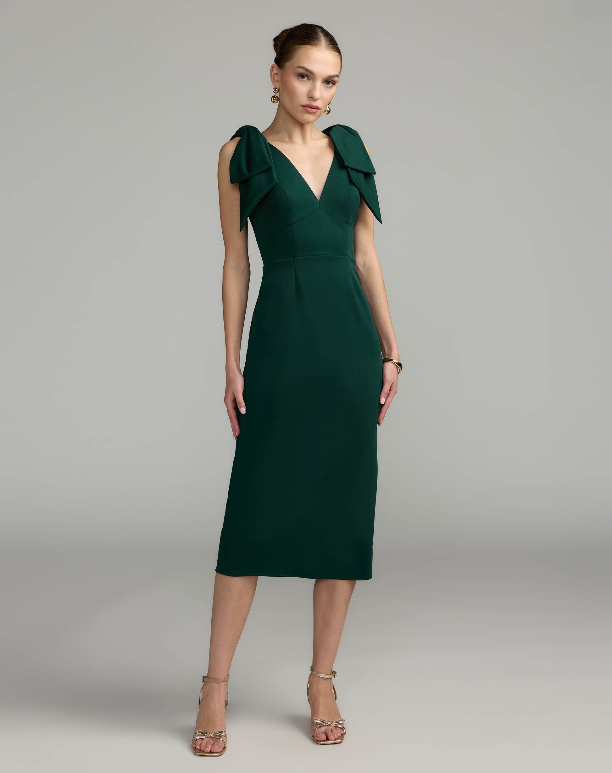 Mac Duggal #49954 emerald sleeveless crepe midi dress with bow straps
