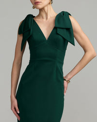 Mac Duggal #49954 emerald crepe midi dress bow shoulder detail