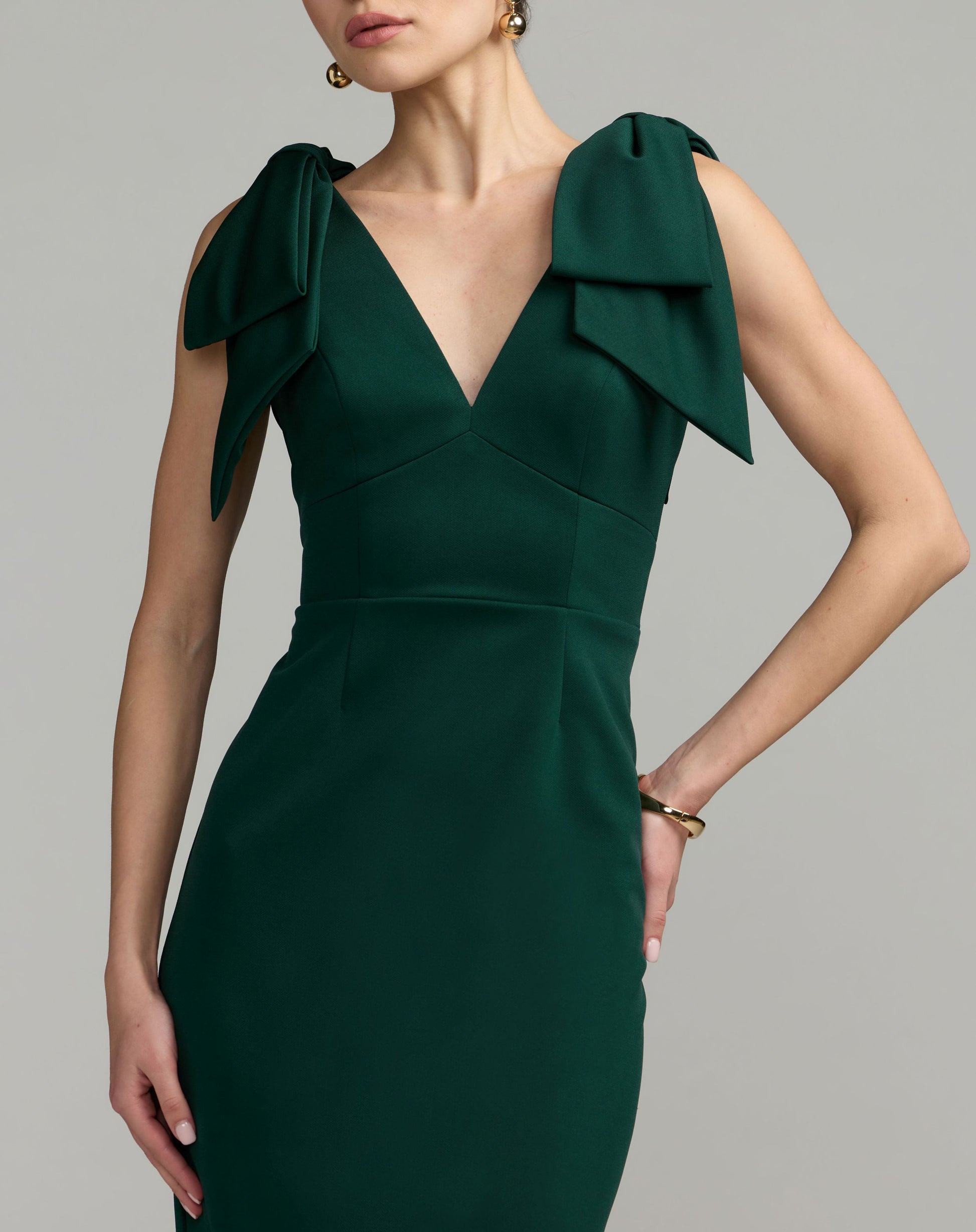 Mac Duggal #49954 emerald crepe midi dress bow shoulder detail