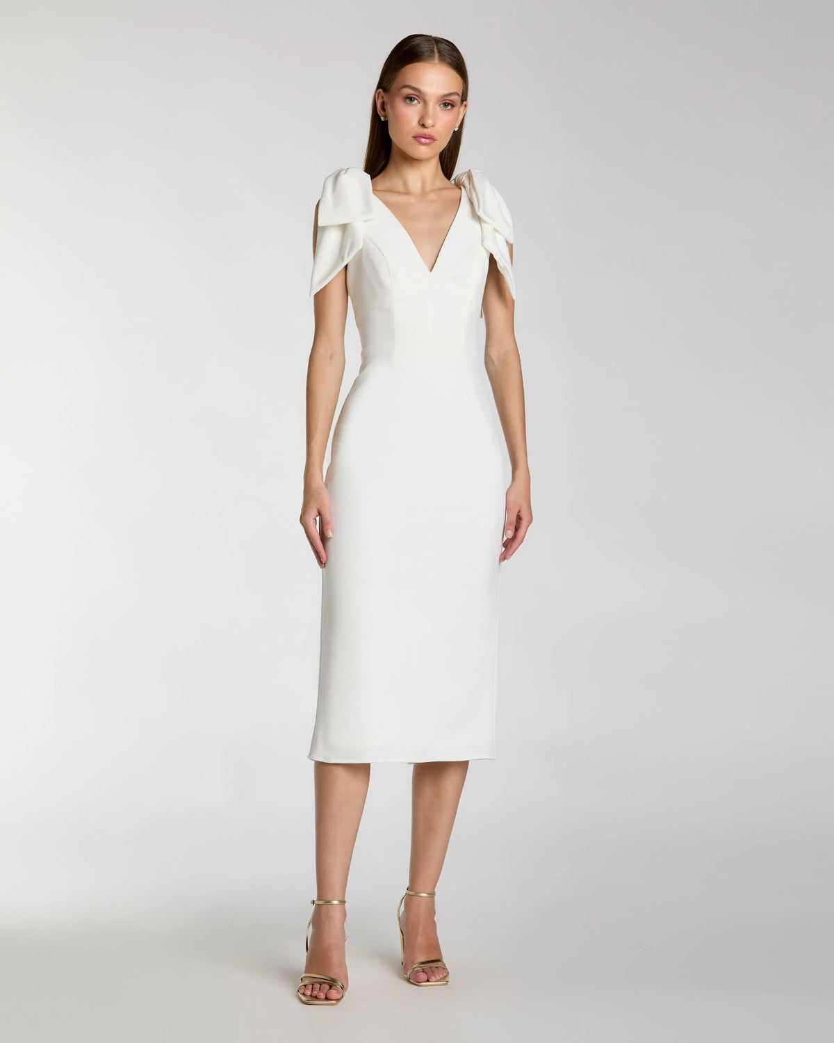 Mac Duggal #49954 ivory sleeveless crepe midi dress with bow straps