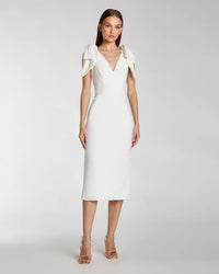 Mac Duggal #49954 ivory sleeveless crepe midi dress with bow straps