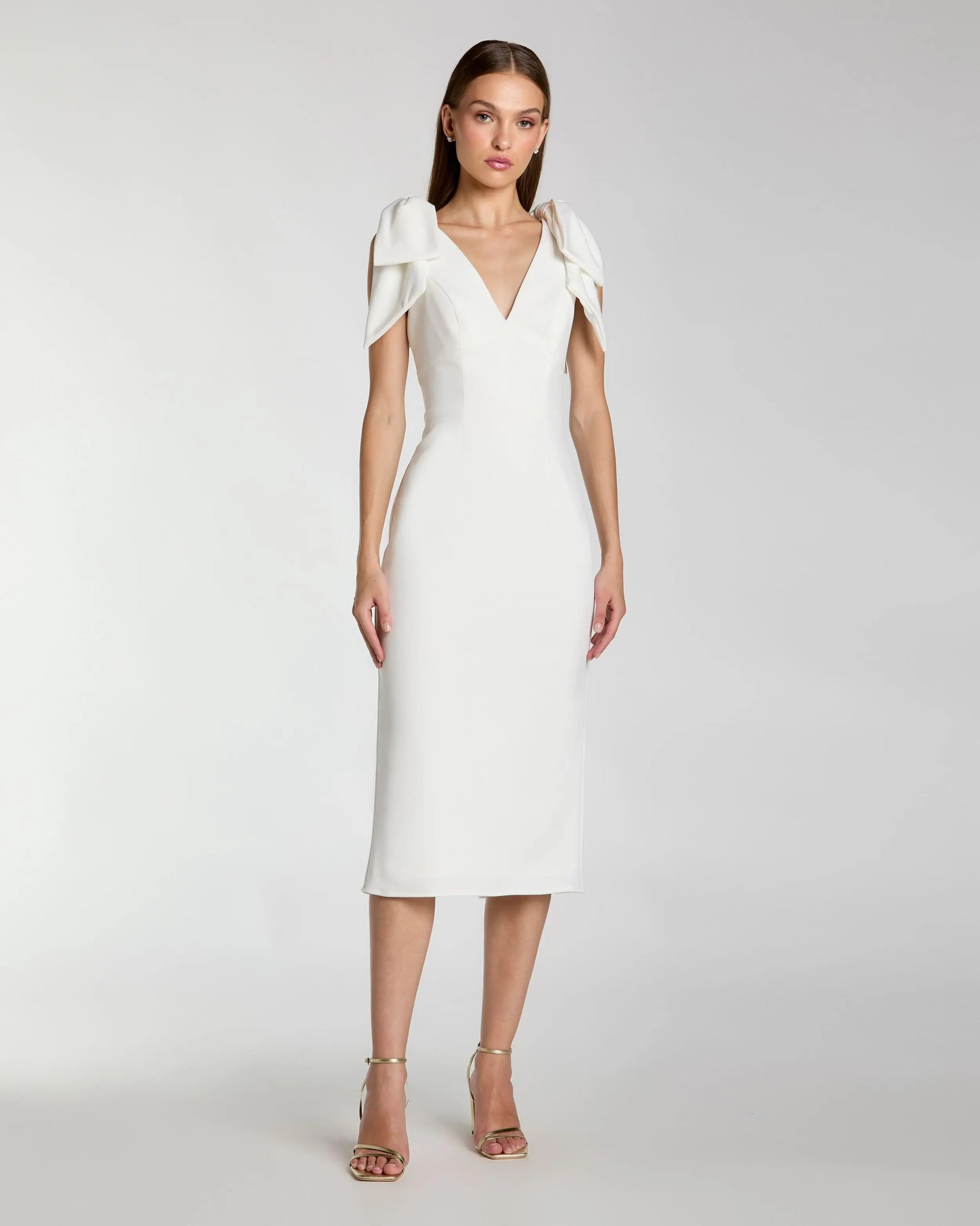 Mac Duggal #49954 ivory sleeveless crepe midi dress with bow straps