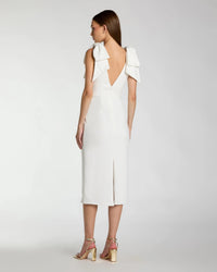 Mac Duggal #49954 ivory sleeveless crepe midi dress with bow straps