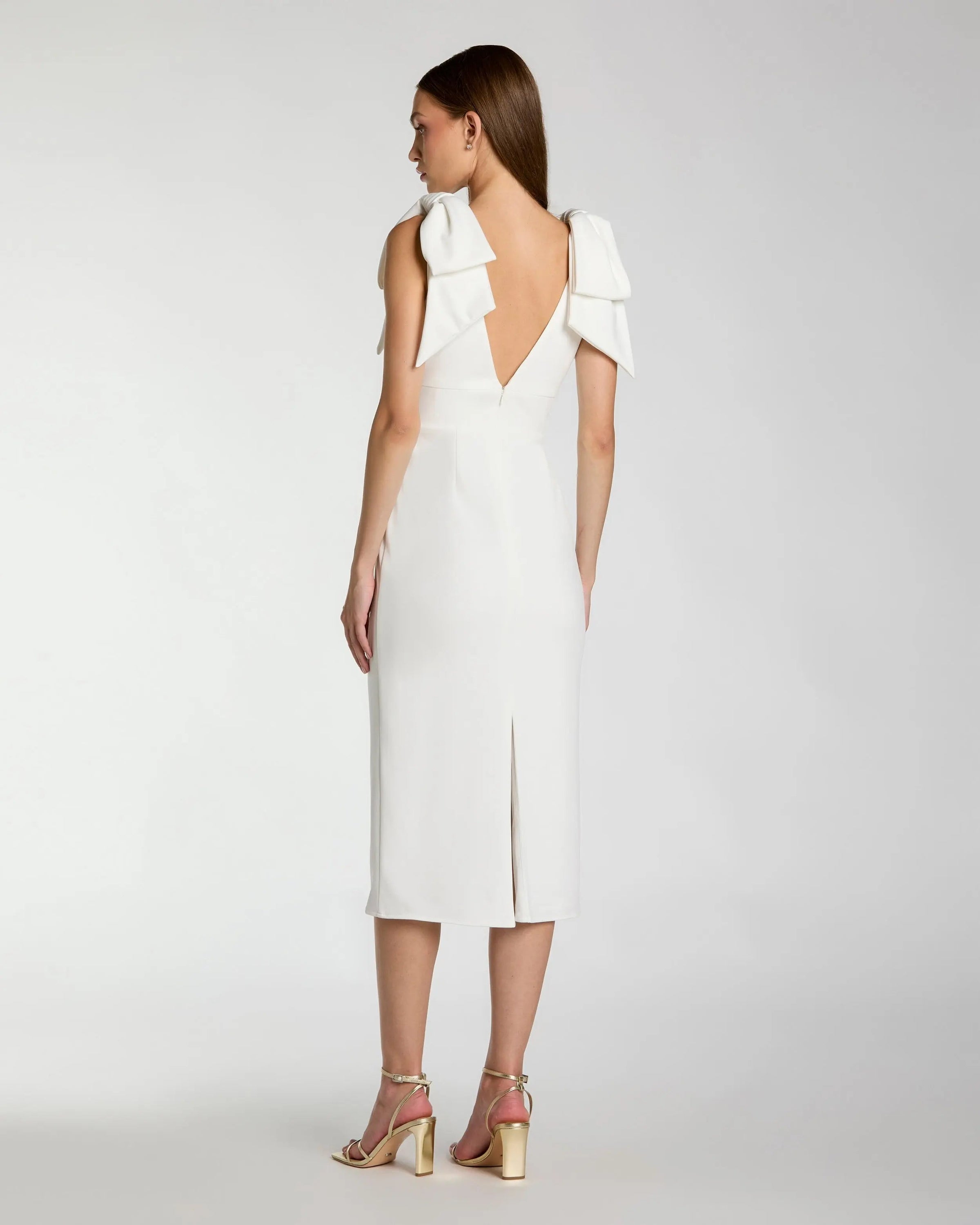 Mac Duggal #49954 ivory sleeveless crepe midi dress with bow straps