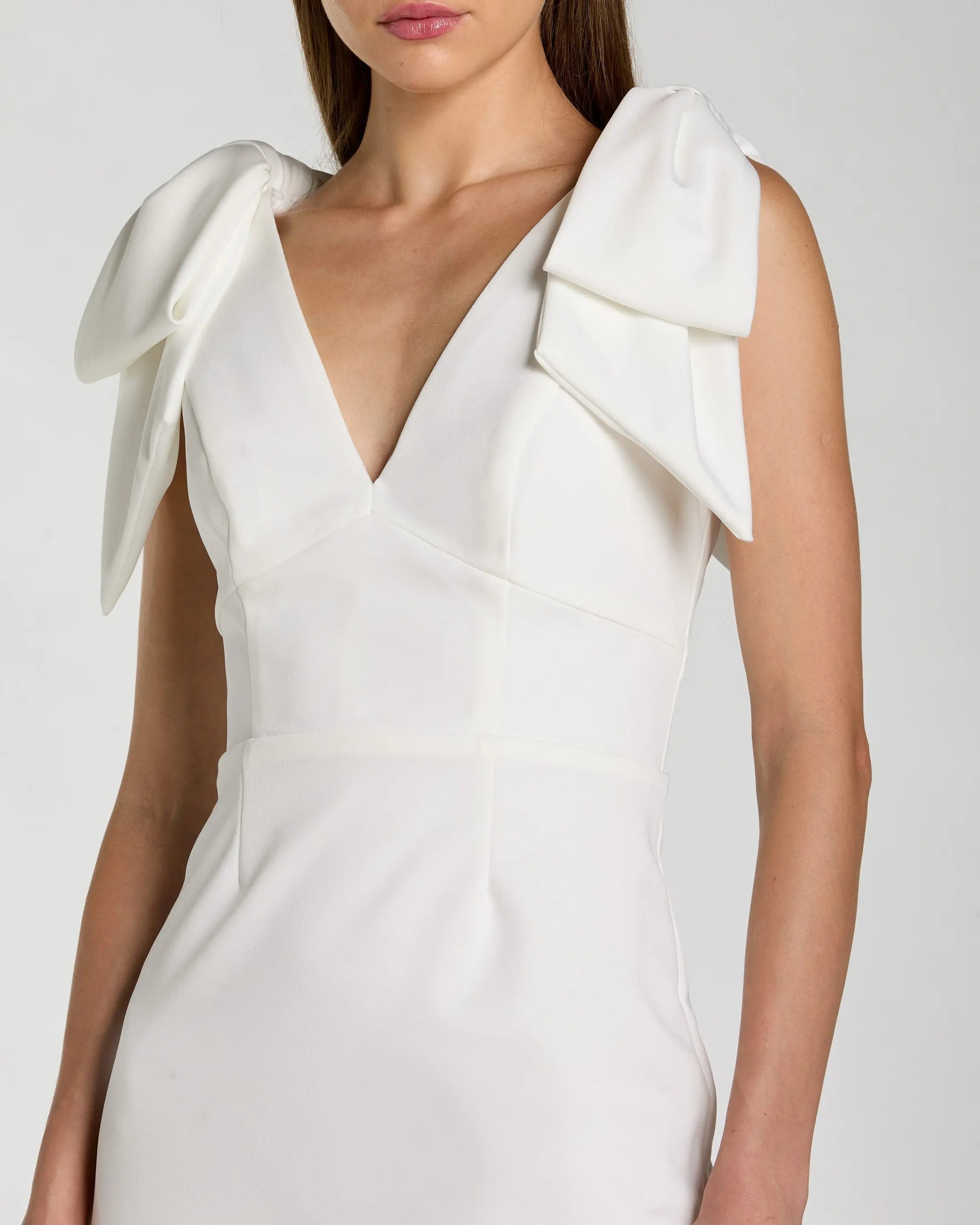 Mac Duggal #49954 ivory sleeveless crepe midi dress with bow straps