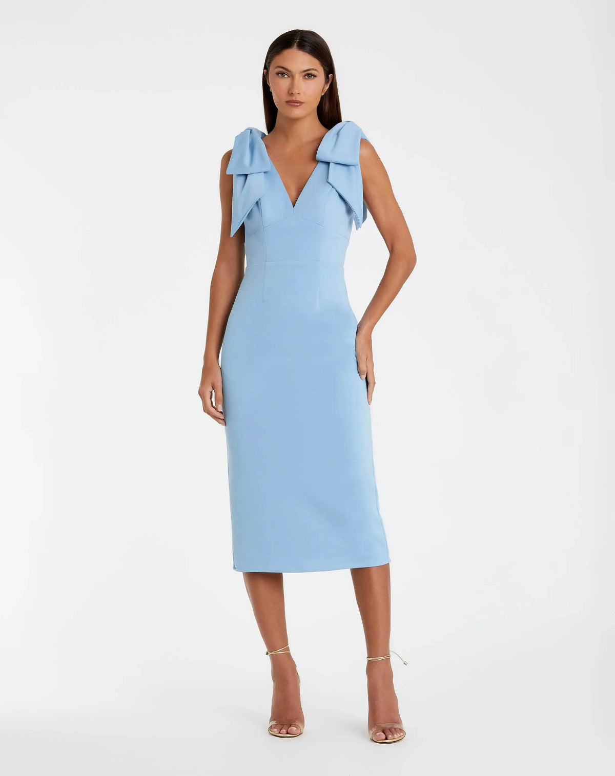 Mac Duggal #49954 powder blue bow strap crepe fitted midi dress