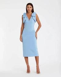 Mac Duggal #49954 powder blue bow strap crepe fitted midi dress